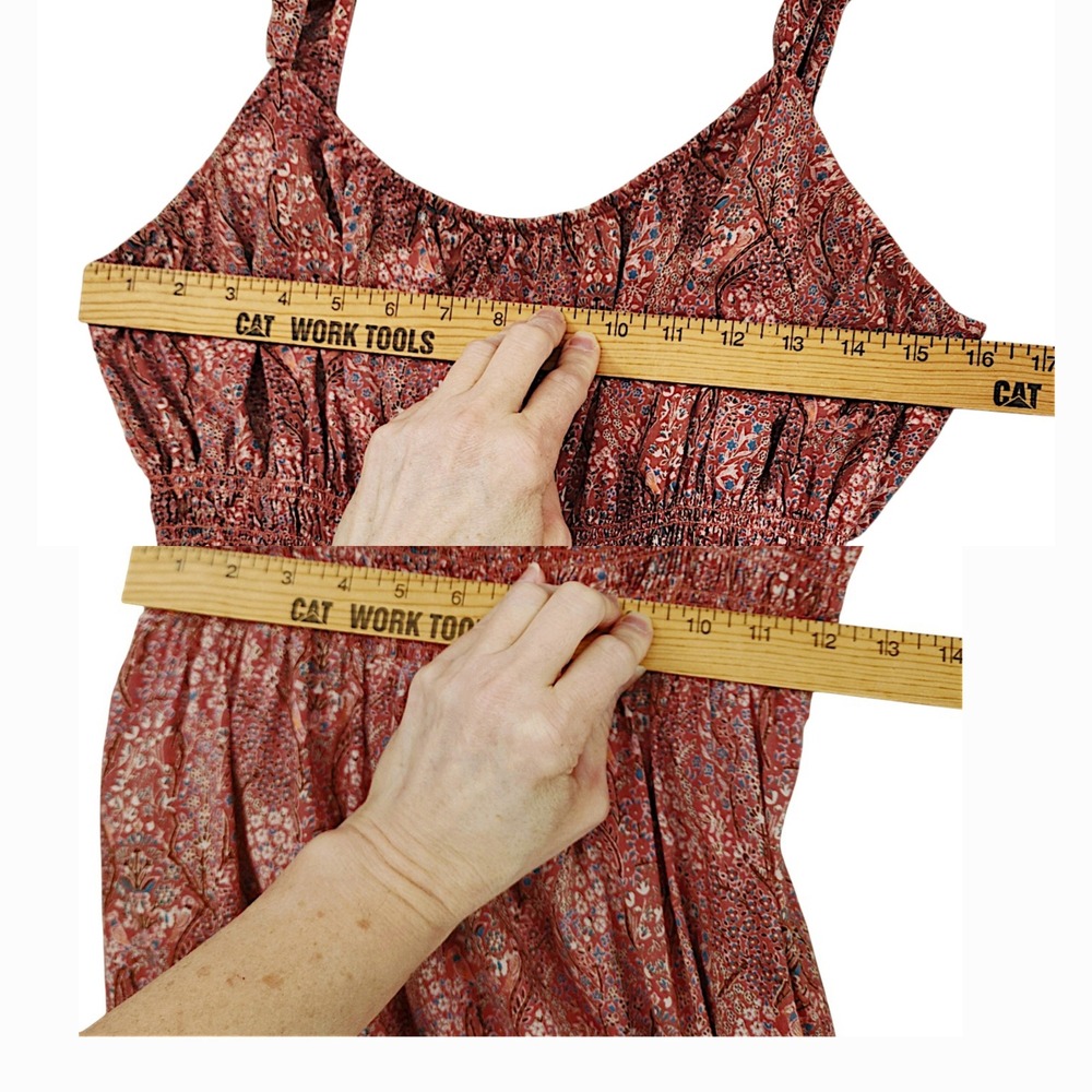 PAIGE Tiered Maxi Dress M Brick Red Multi Floral Smocked Ruffle Festival Prairie - Picture 4 of 13